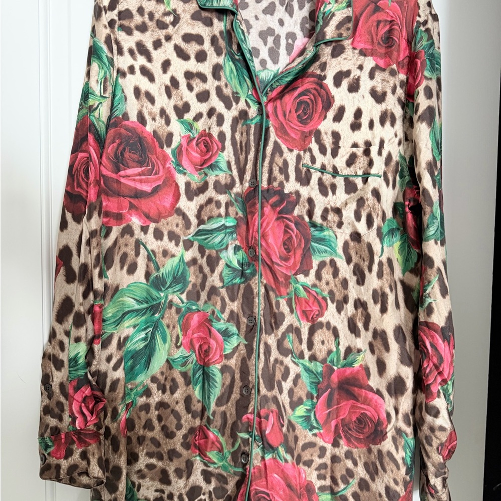 Dolce & Gabbana Pink and Green Floral Silk Blouse with Black Accents